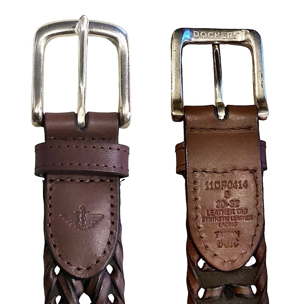 Dockers Brown Leather & PU Leather Woven Belt  38” L Adjustable Sz Silver Buckle - Picture 9 of 16